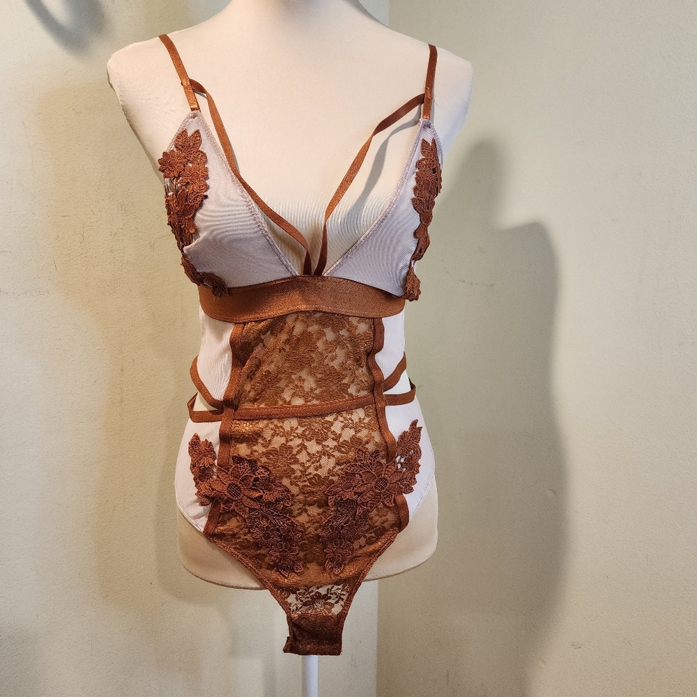 Sheer Lace Appliqué Teddy in Copper - Women's Intimates